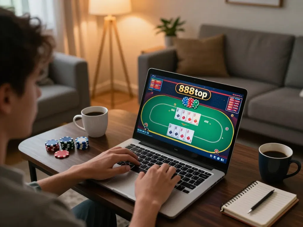 Player enjoying online gaming at 888top with poker cards and chips on the screen.