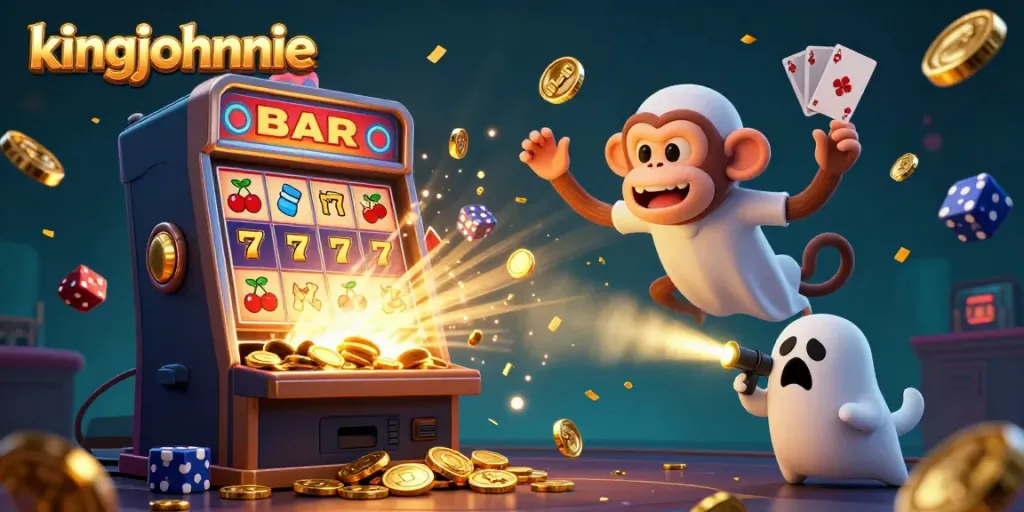 Experience jackpots at Kingjohnnie Casino with a playful poltergeist monkey and ghost-hunter puppy in action.