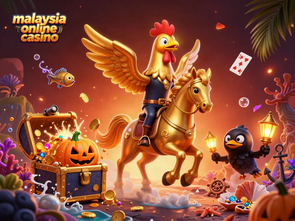 Engage in the vibrant world of malaysia online casino with golden rooster characters amidst rich casino elements.