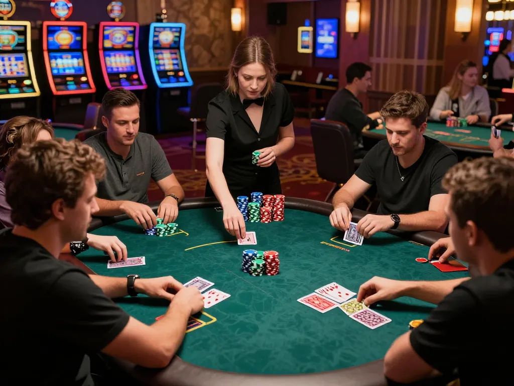 Players engage in an exciting poker game at winstrike69 casino, chips stacked and cards dealt.