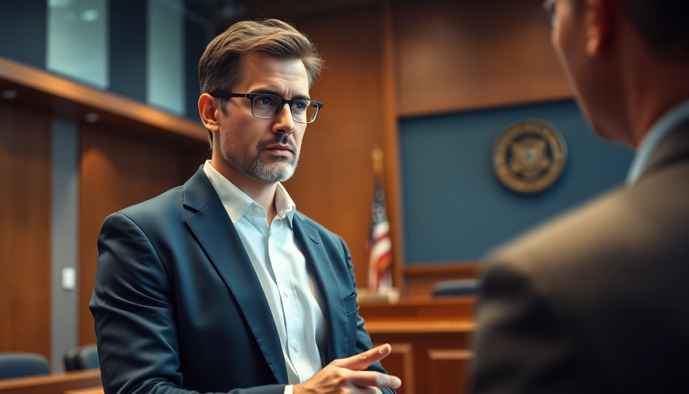 Consulting a client, Asheville DWI defense lawyer exudes professionalism in a courtroom.