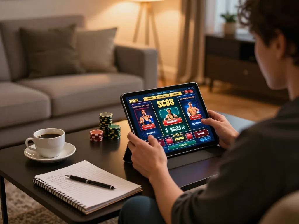 Engaging in SC88 online casino action with tablet at home in cozy atmosphere