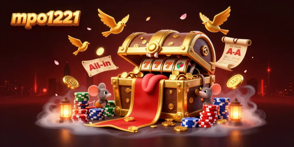 Engage with mpo1221's vibrant casino world featuring treasures, gaming elements, and animated characters.