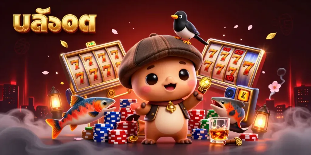 Experience the excitement of สล็อต with a colorful 3D scene featuring cute cartoon characters and dynamic slot elements.