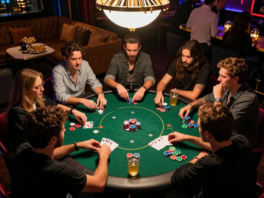 A group of friends enjoying an exciting poker game at the 789 club with colorful chips and intense focus, showcasing a lively home environment.
