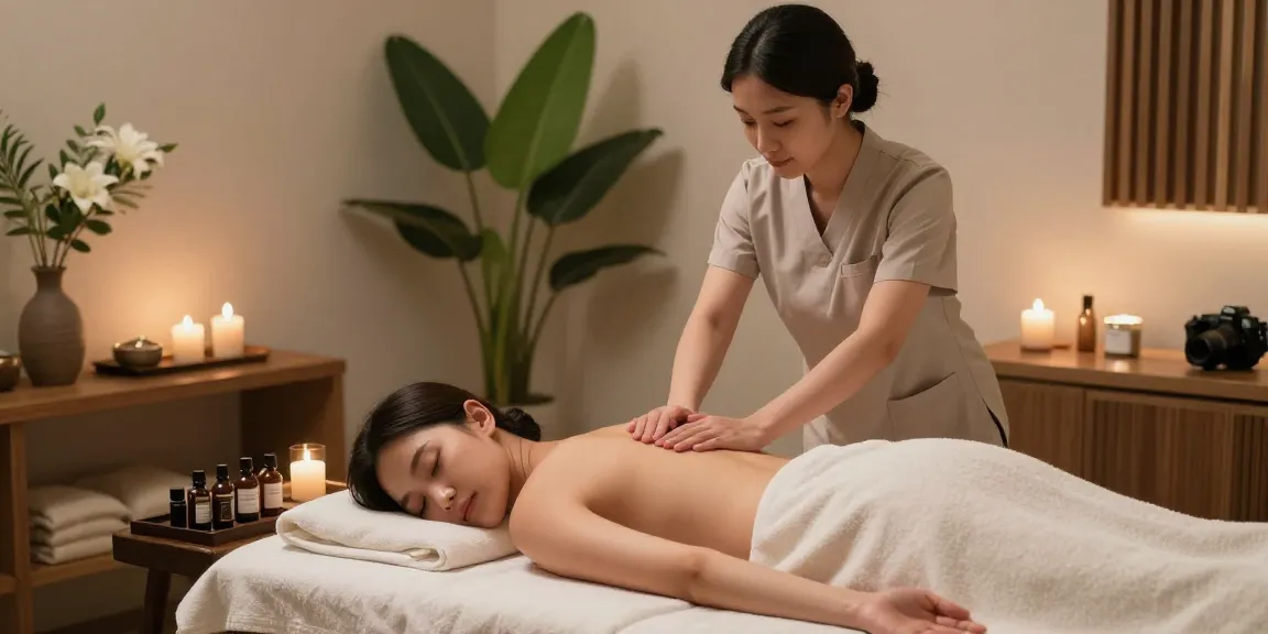 Relaxing 강남출장마사지 scene with therapist, soft lighting, and calming atmosphere.