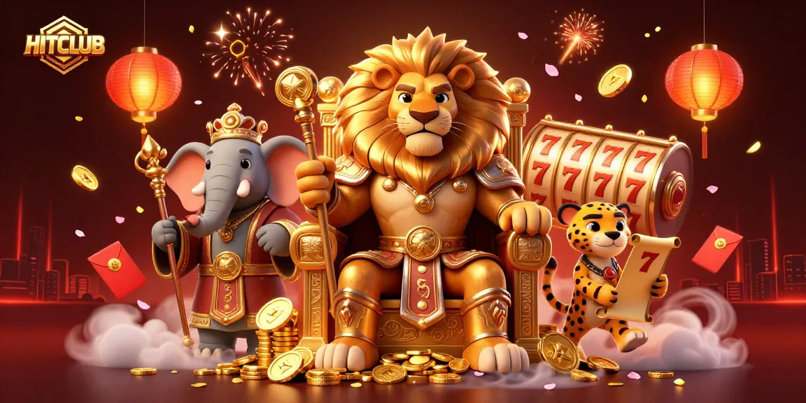 HITCLUB showcases a fierce lion king alongside festive gaming elements in a vibrant casino scene.
