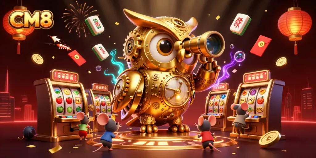 Engage with CM8's vibrant casino scene featuring whimsical characters and lively slot elements.