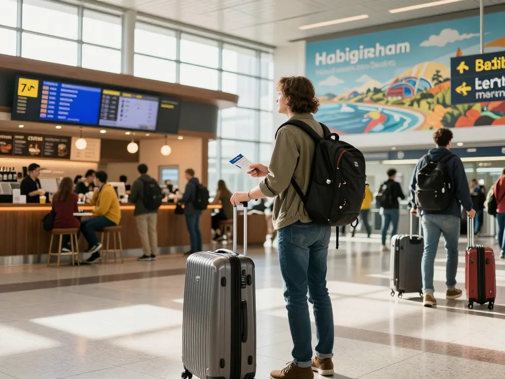Travelers heading to Birmingham Airport from Halifax at the airport, showcasing the excitement of departure.