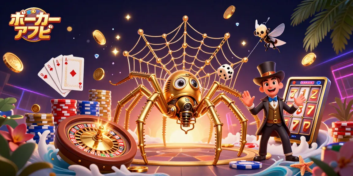 ポーカーアプリが描かれたインタラクティブな3Dイラストで、金のスパイダーがポーカーチップのネットにサイコロを捕まえている