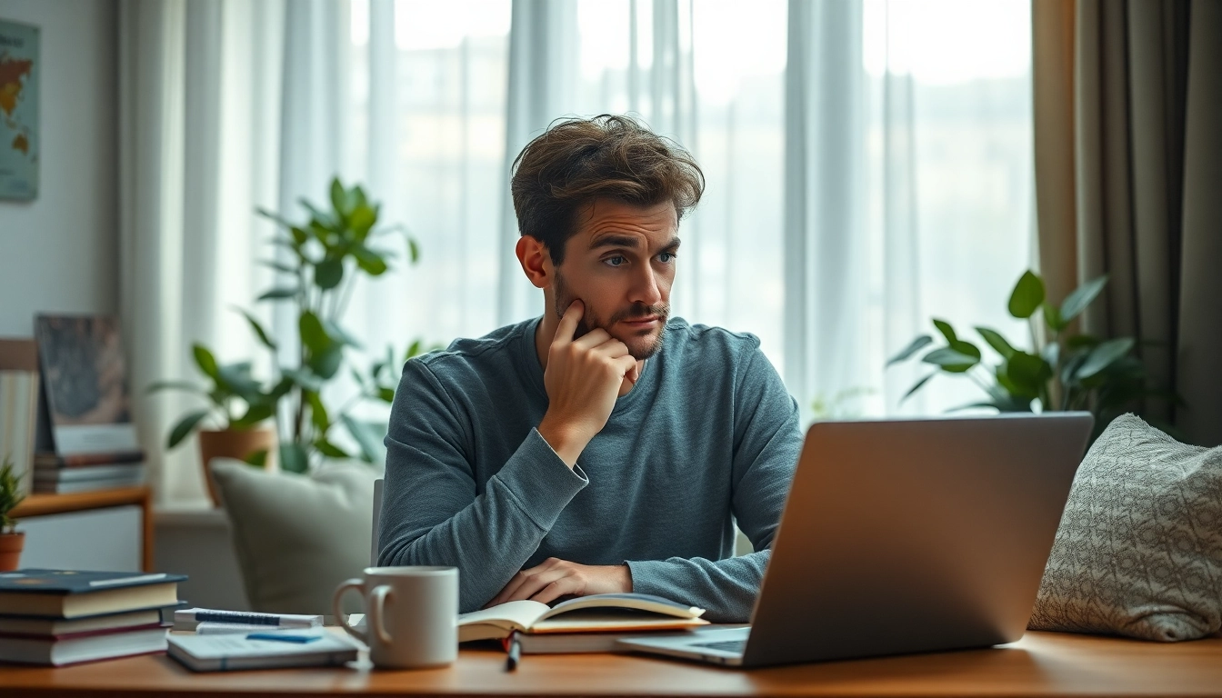 Person experiencing brain fog, seated at a desk in a serene environment, showing signs of contemplation.