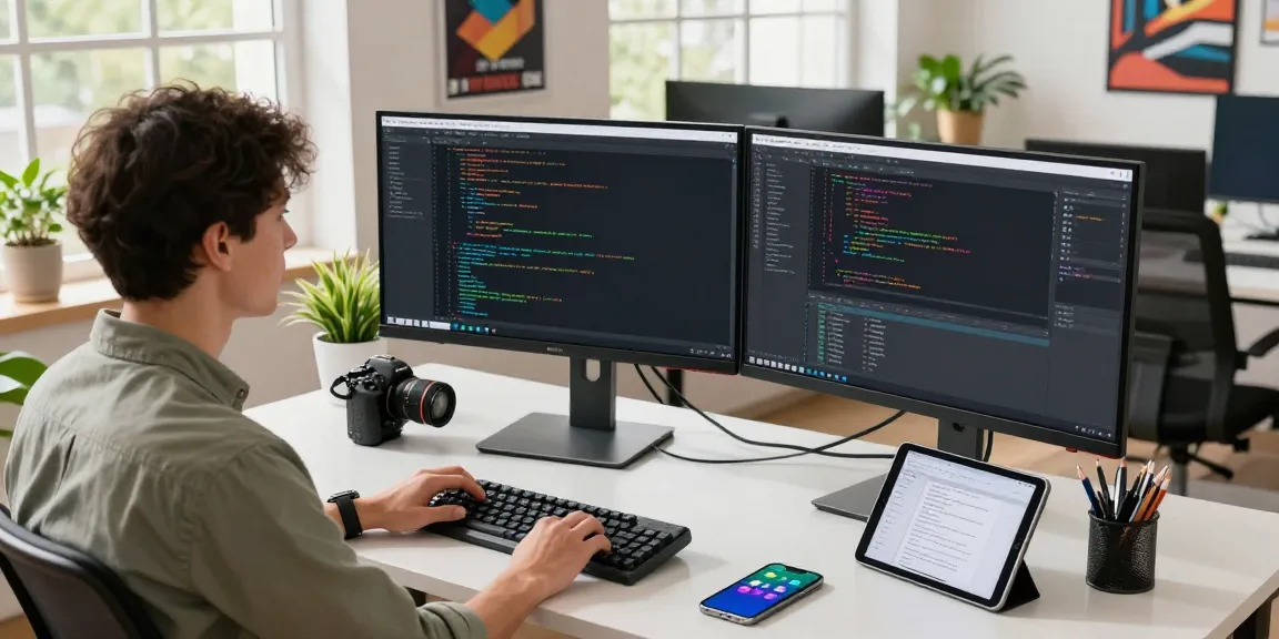 快连 software developer in modern office coding on dual screens