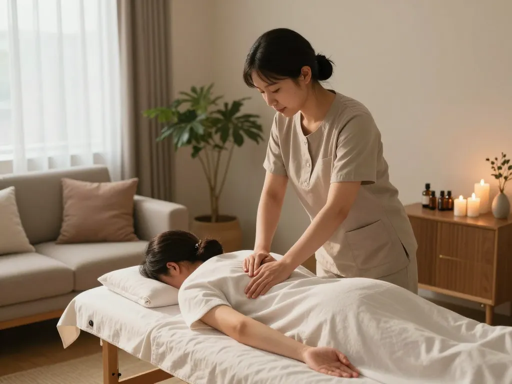 Relaxing 부천 출장마사지 scene with a therapist providing a soothing massage in a peaceful living room setting.