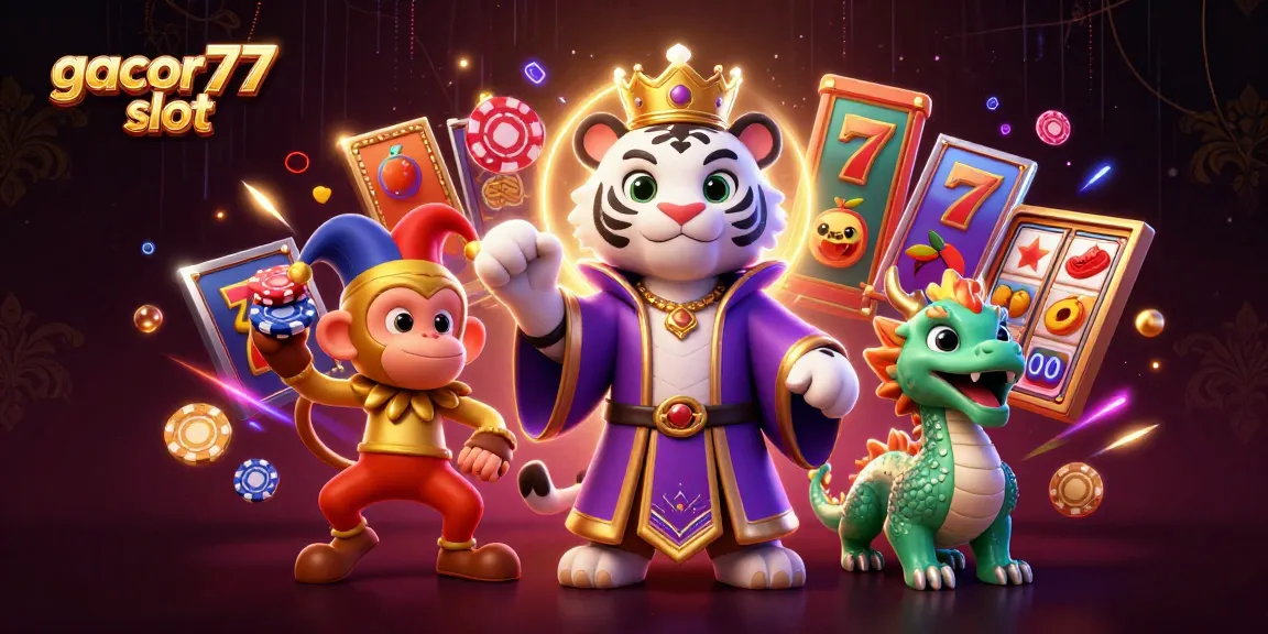 Keberuntungan sedang menghampiri gacor77 slot dengan simbol jackpot dan karakter menarik di latar belakang kasino yang cerah.