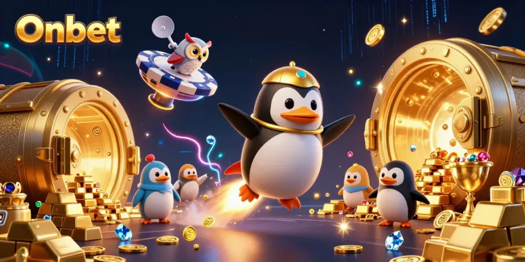 Experience the thrill of winning with Onbet's exciting casino adventure illustrated with a golden penguin and treasures.