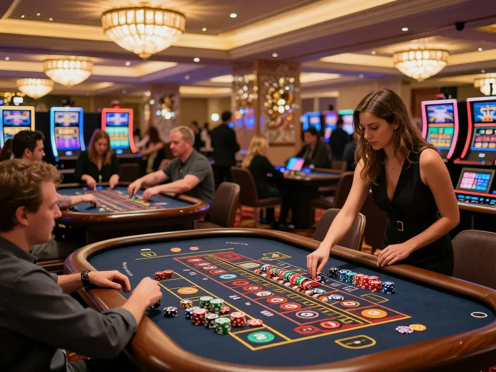 Experience the thrill of gojekpot while placing bets at bustling roulette tables in a luxurious casino