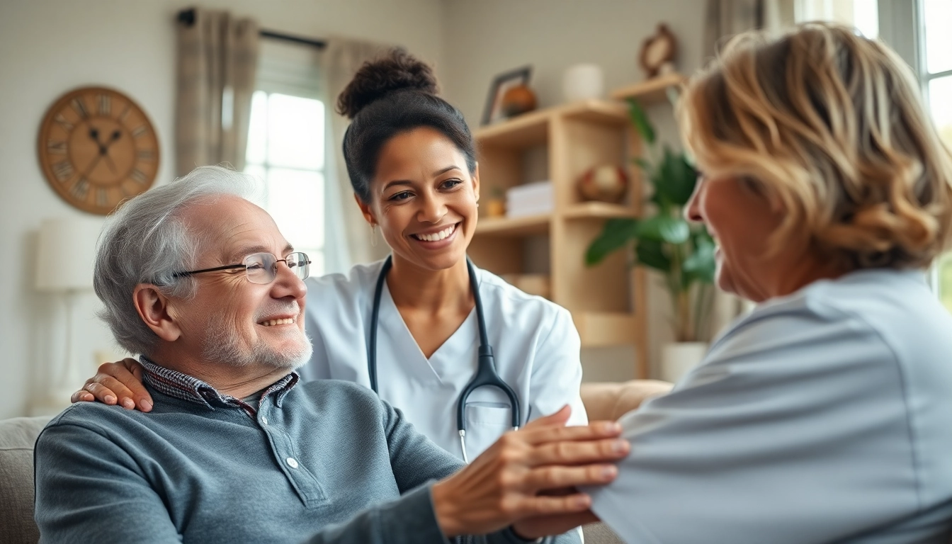 Caregiver delivering home healthcare services with compassion to a senior in a cozy living room.