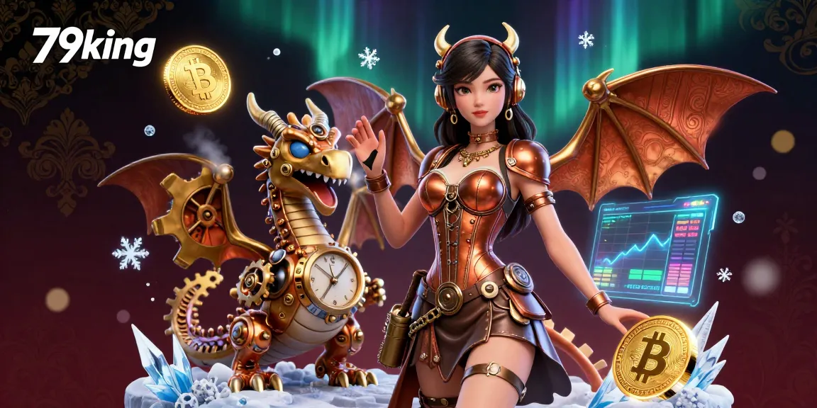 Win big with 79king in this vibrant digital casino scene featuring steampunk elements and glowing cryptocurrencies.