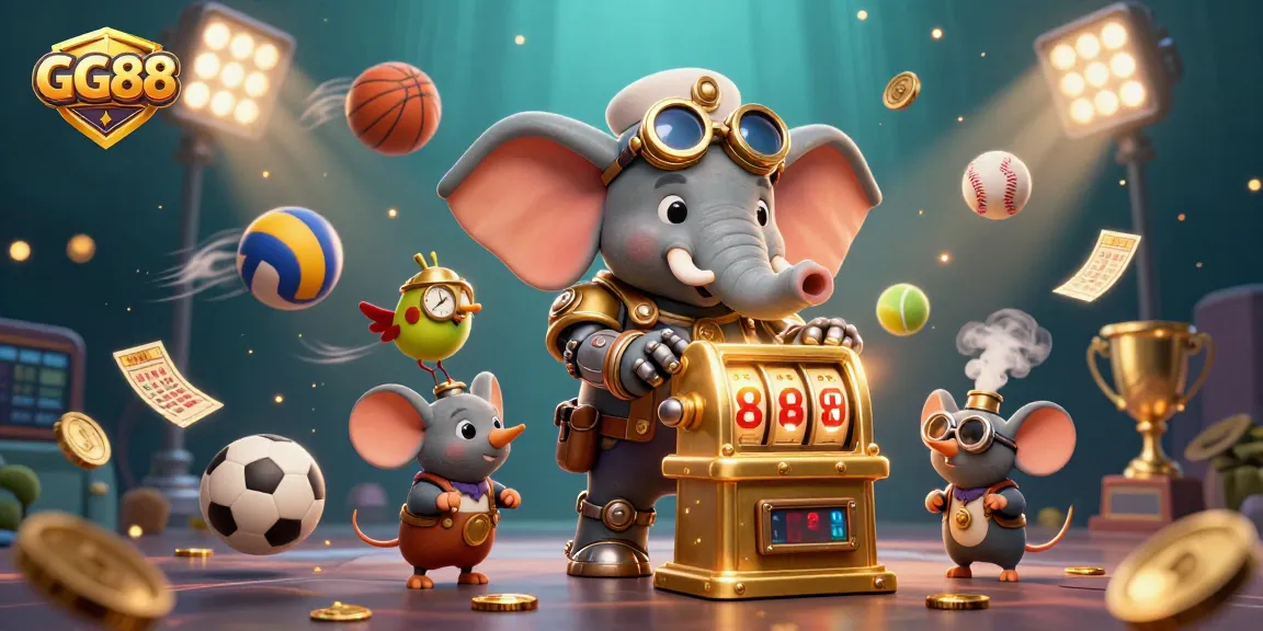Engaging GG88 illustration showcasing a steampunk elephant operating a golden slot machine, surrounded by vibrant sports elements.