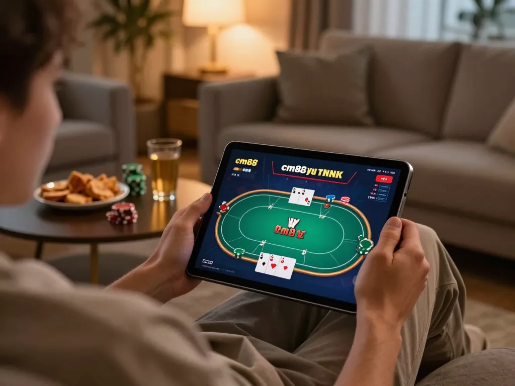 Player engaging in cm88-yu casino gaming on tablet in cozy home setting with warm lighting.