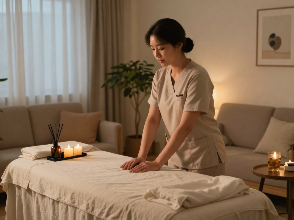 화곡동출장마사지 session with a professional therapist preparing a serene home environment