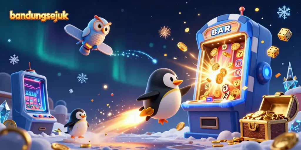 Experience the thrilling space journey with bandungsejuk's golden penguin as it navigates through a vibrant casino universe.