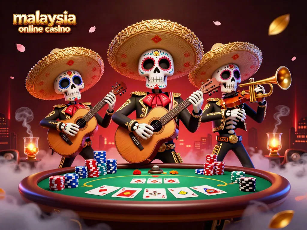 Join the vibrant scene at a malaysia online casino featuring a lively skeleton mariachi band surrounded by poker elements.