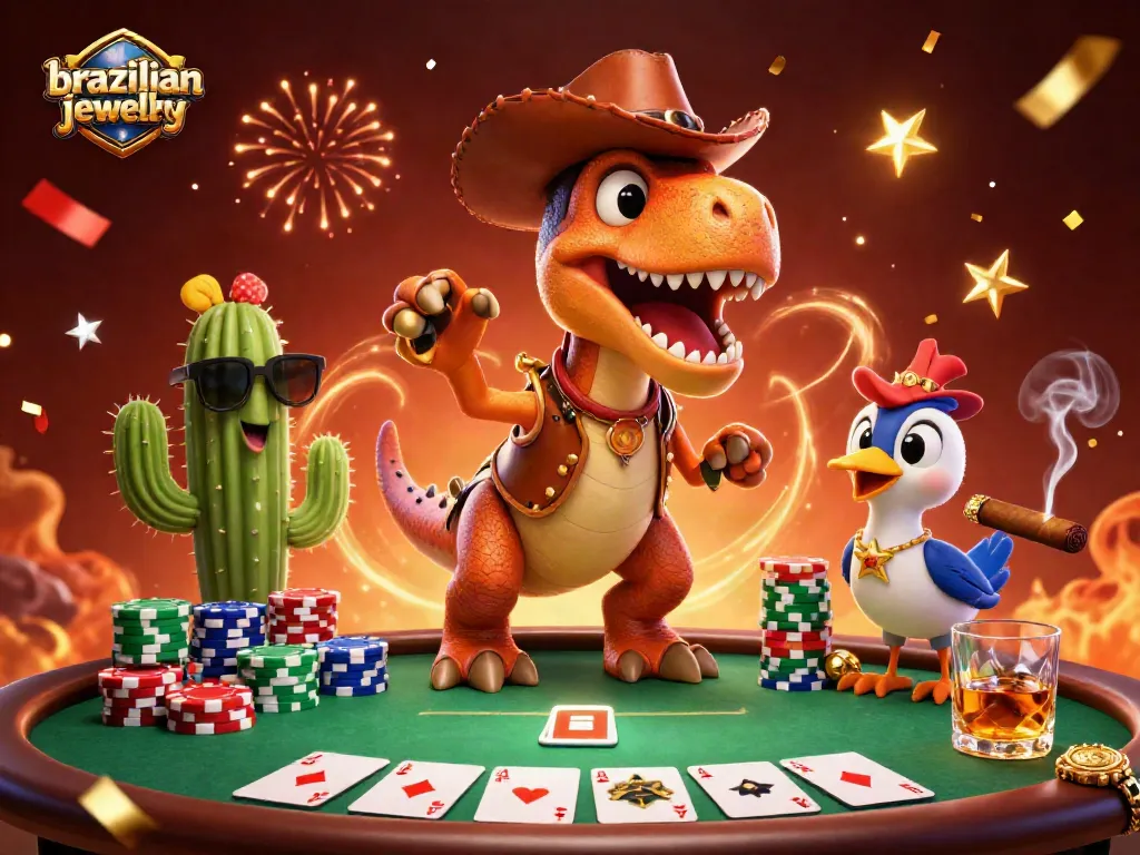Bet on Brazilian jewelry with vibrant 3D characters at a poker table illustrating the thrill of gambling.