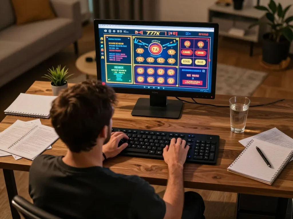 Engaged player enjoying online games at 777x casino on a laptop in a cozy home setting