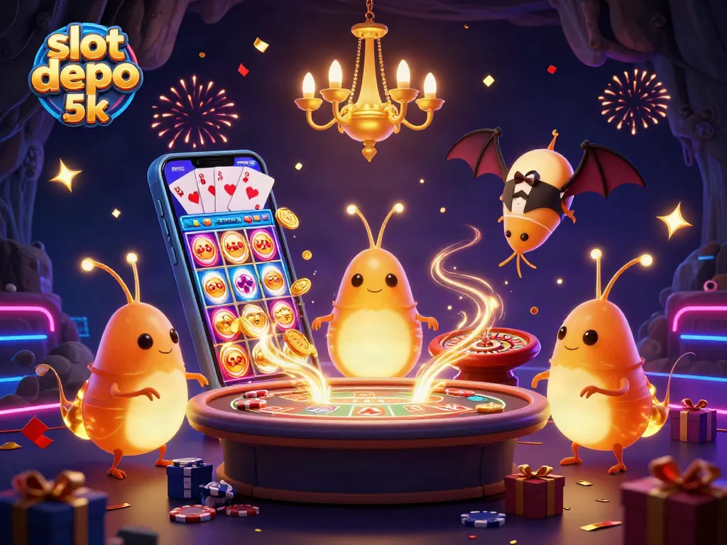 Experience excitement at slot depo 5k with vibrant glowworms and a bat dealer in a dazzling casino.