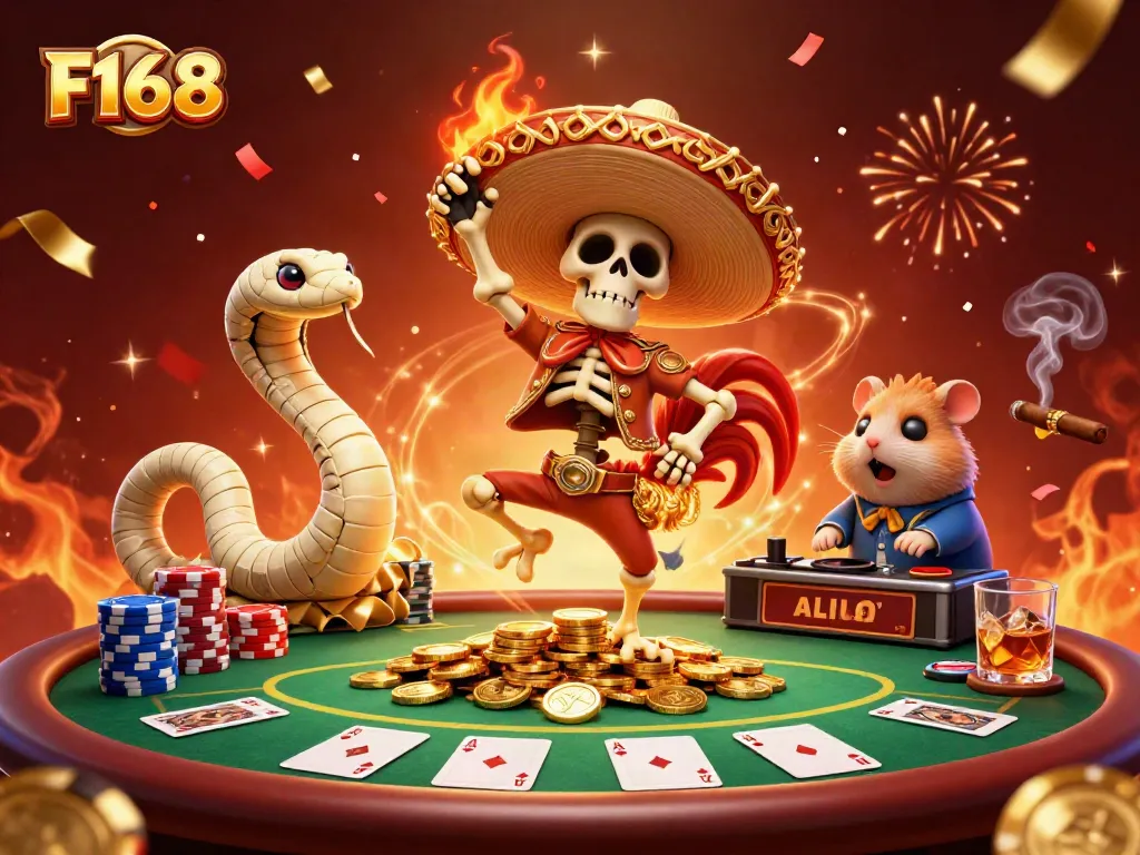 F168 engages players in electrifying poker action, featuring a lively victory scene with coins and cards.