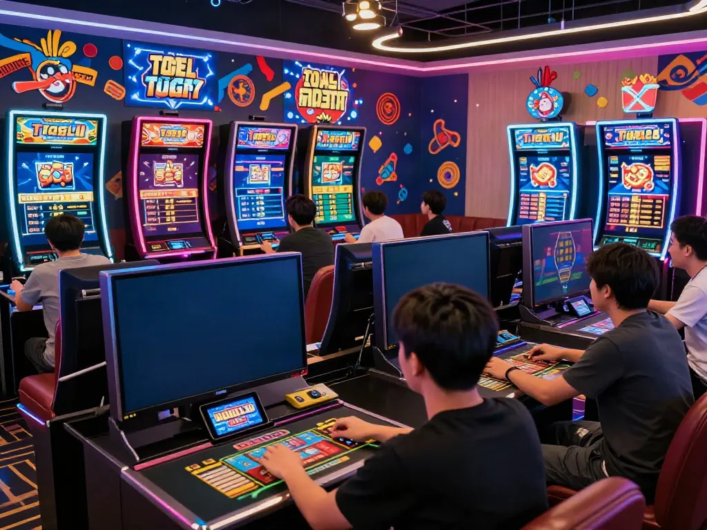 Exciting togel online gaming scene with diverse players engaged in a vibrant lounge