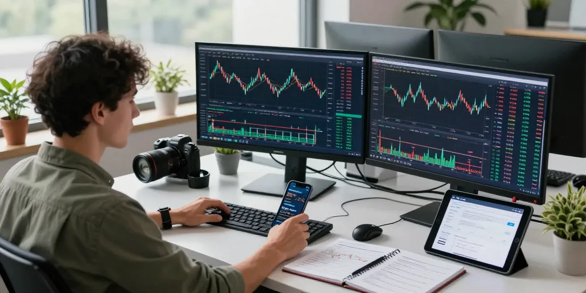 Trader analyzing live charts on multiple monitors at XXKK Crypto Exchange