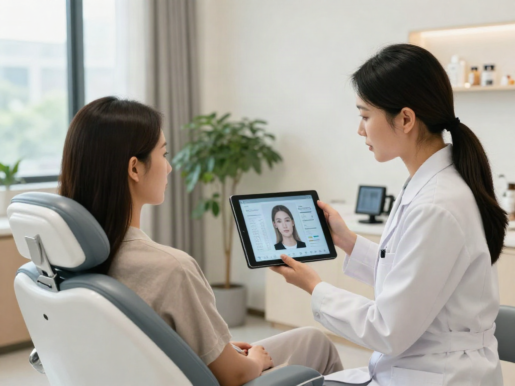 ClinicEvo cheaper than QOVES showcasing a professional beauty consultation with advanced technology and client interaction.