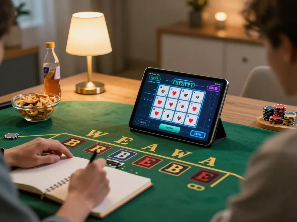 Fly88 player engaged in live dealer baccarat in a cozy home setup, surrounded by gaming strategies