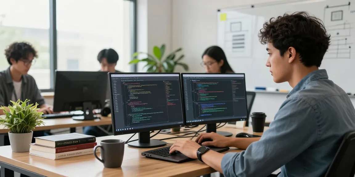 Dynamic tech workspace featuring collaboration on 纸飞机中文版 coding projects in a modern office.