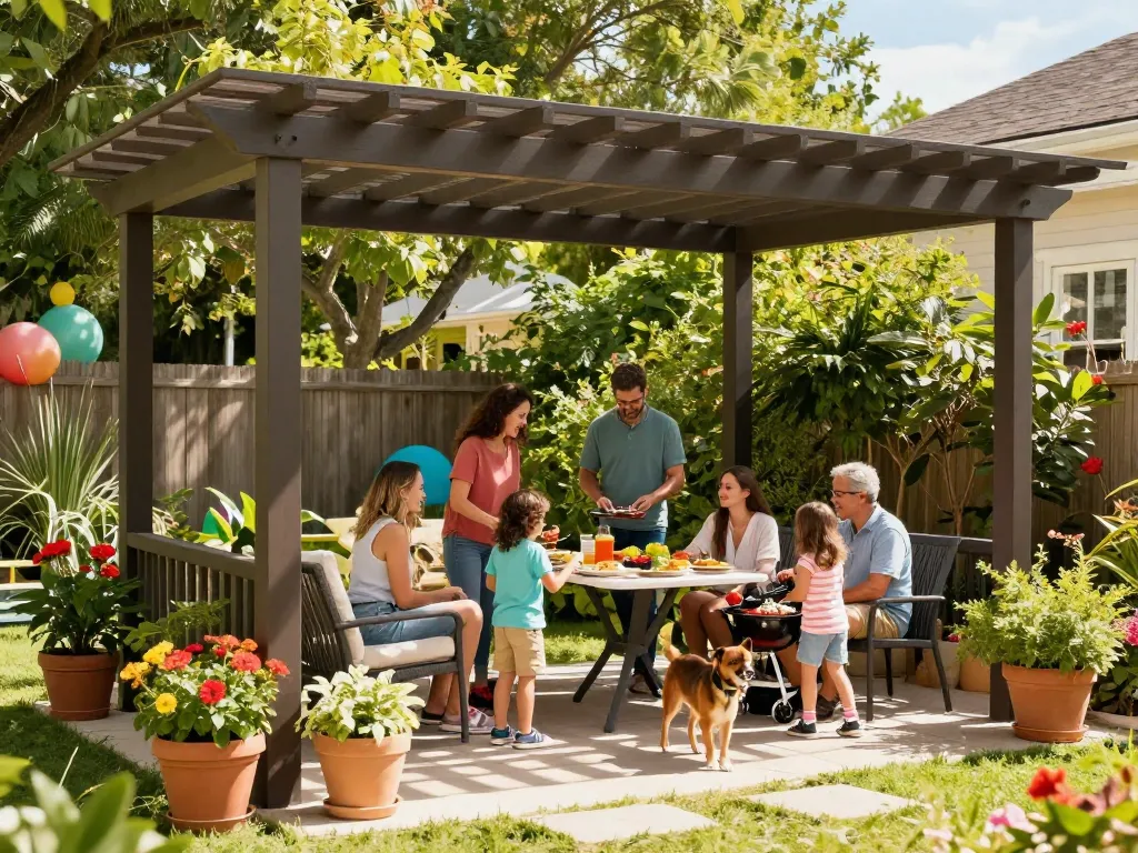 Family enjoying a custom pergola in their backyard, showcasing the online pergola configurator's design possibilities.