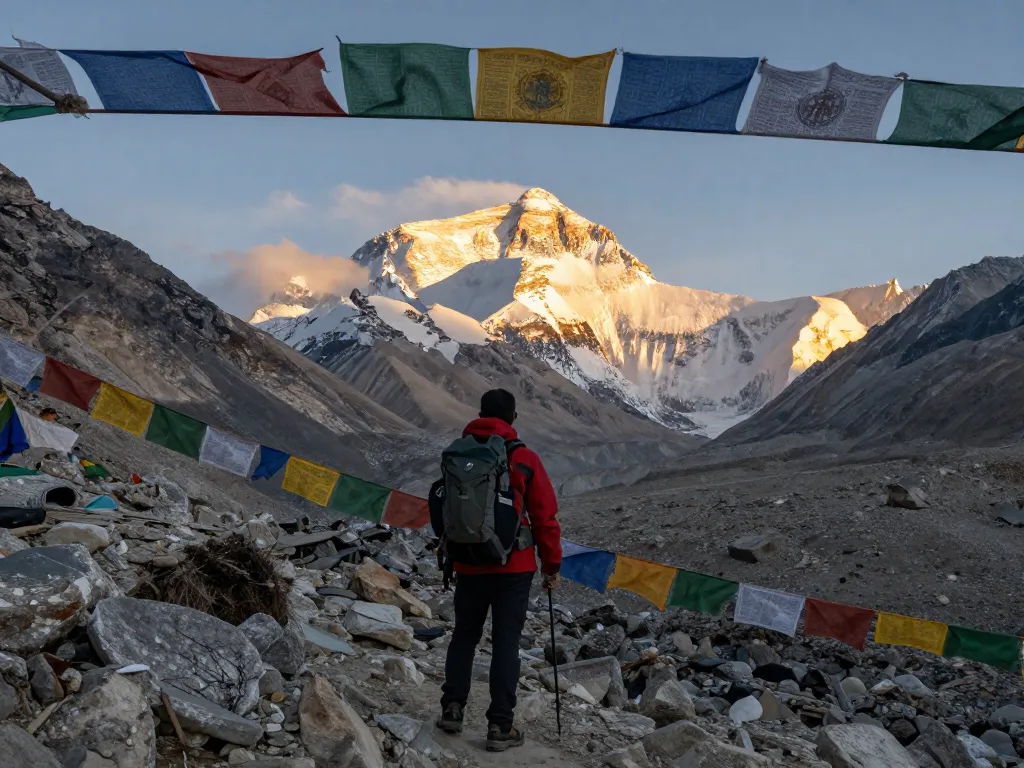 Everest Base Camp Trek: Trekker admiring snowy peaks and prayer flags at sunrise, capturing the adventure spirit.
