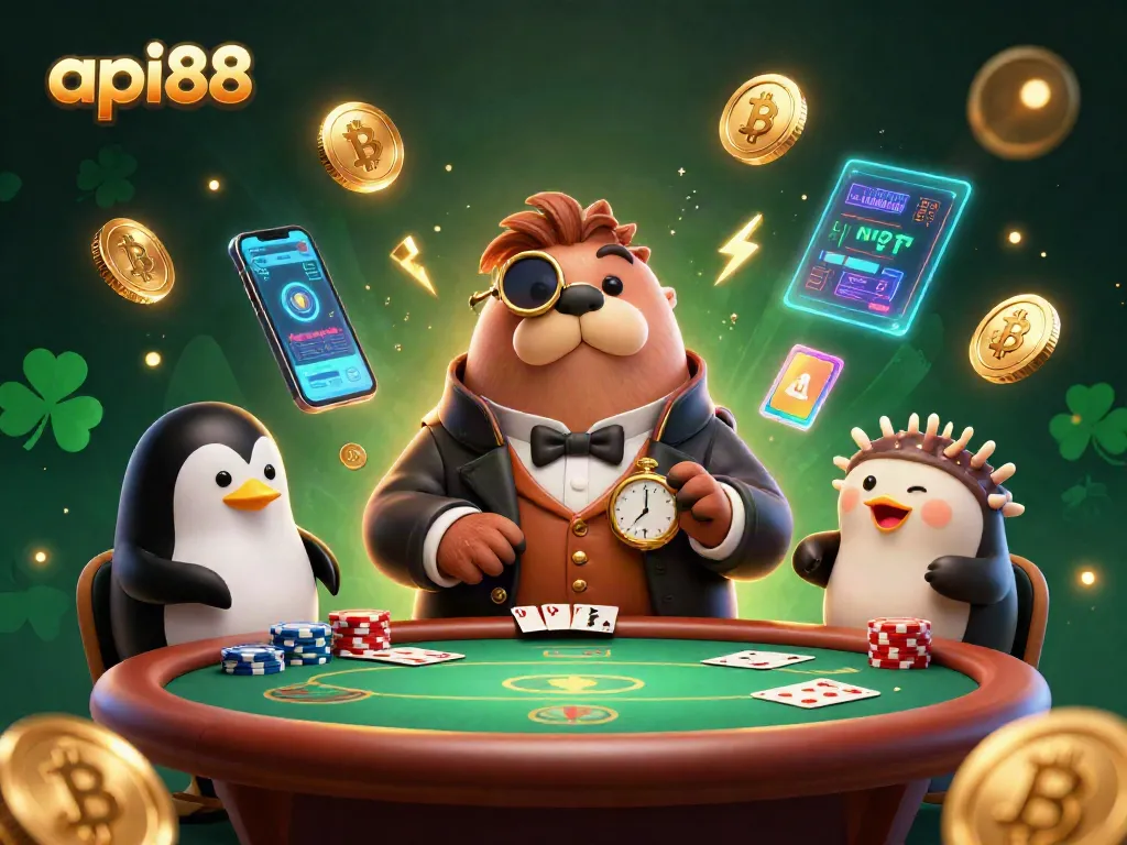 Join the poker table with api88 as a walrus, penguin dealer, and pufferfish player engage in a lively game.