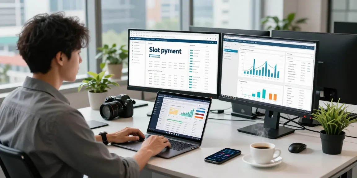 Finance analyst reviewing slot qris payment solutions in a modern workspace.