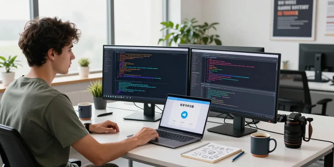 Developer coding on dual monitors showcasing 纸飞机中文版 in a modern workspace.