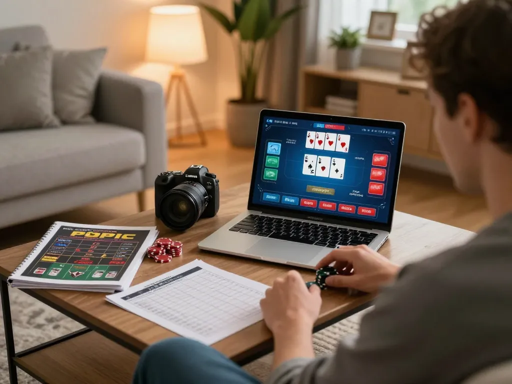 Player strategizing in online poker game on laptop while engaging with MM99 software interface.