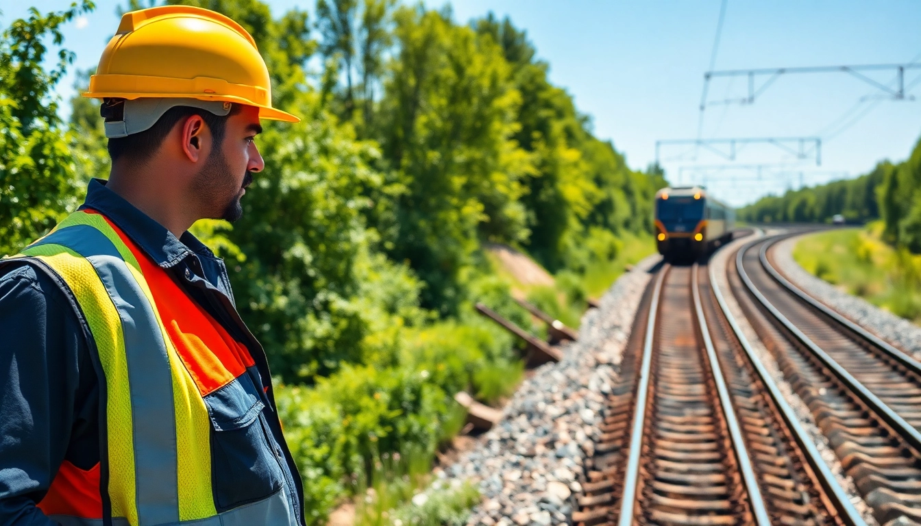 Railroad Maintenance worker inspecting tracks in a bright, vibrant environment.