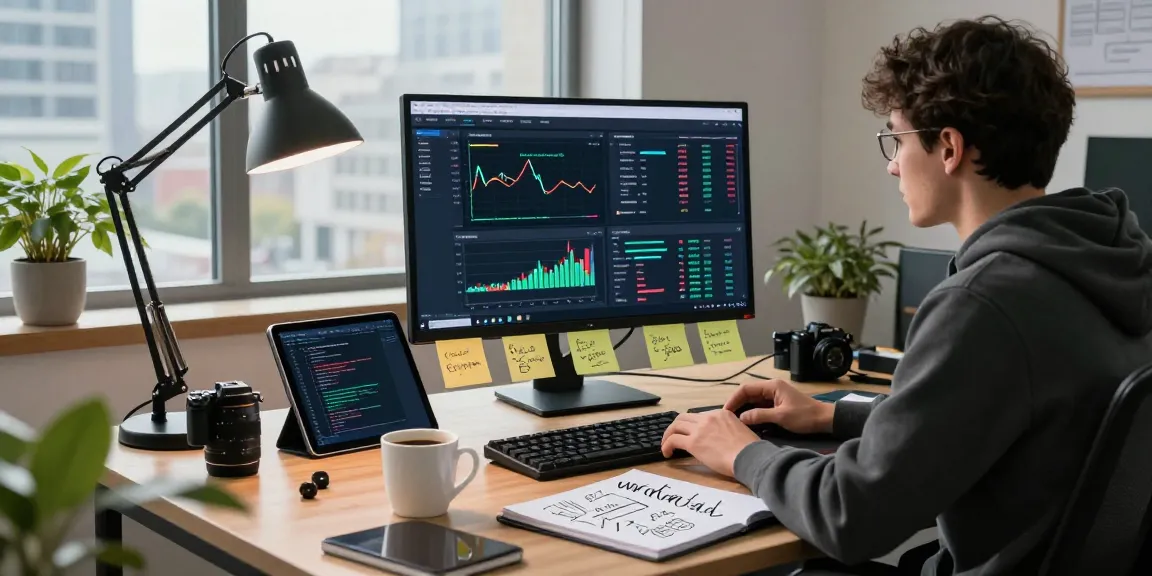 Developer utilizing WebSocket streaming market API at modern coding desk with real-time data feeds and city view.