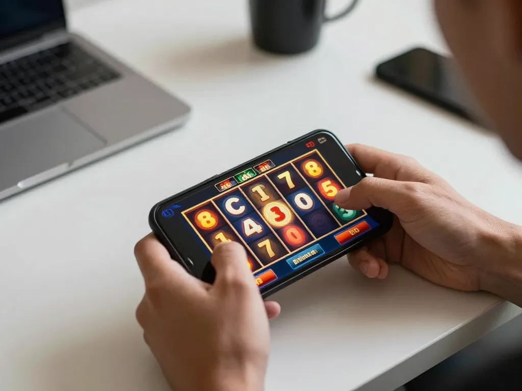 Playing situs slot gacor on smartphone with vibrant reels spinning in a cozy home environment