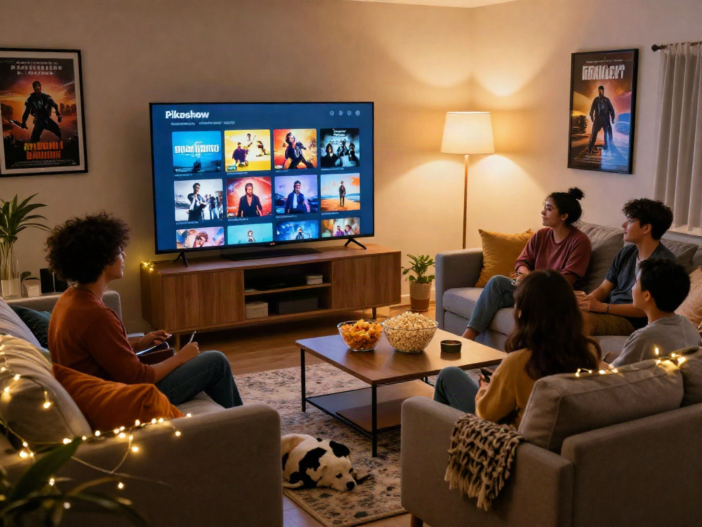 Friends enjoying entertainment on Pikashow in a cozy living room setting with popcorn and warm lighting