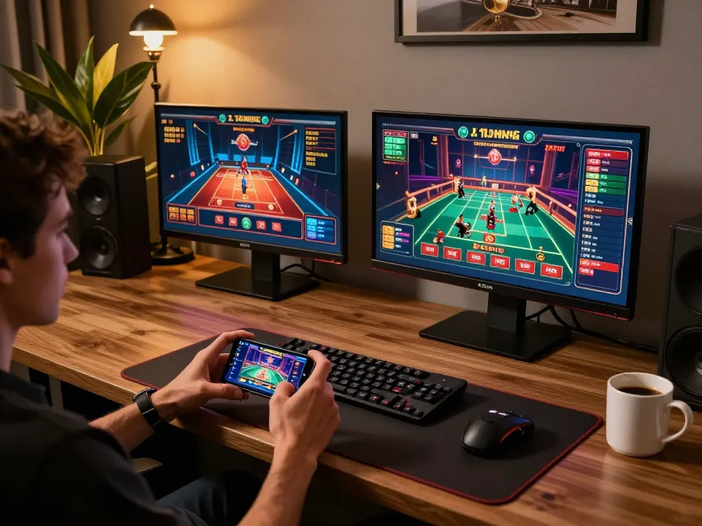 The user plays a casino game on their smartphone at https://xx88gg.net/ in a stylish home office with multiple screens showcasing gameplay.