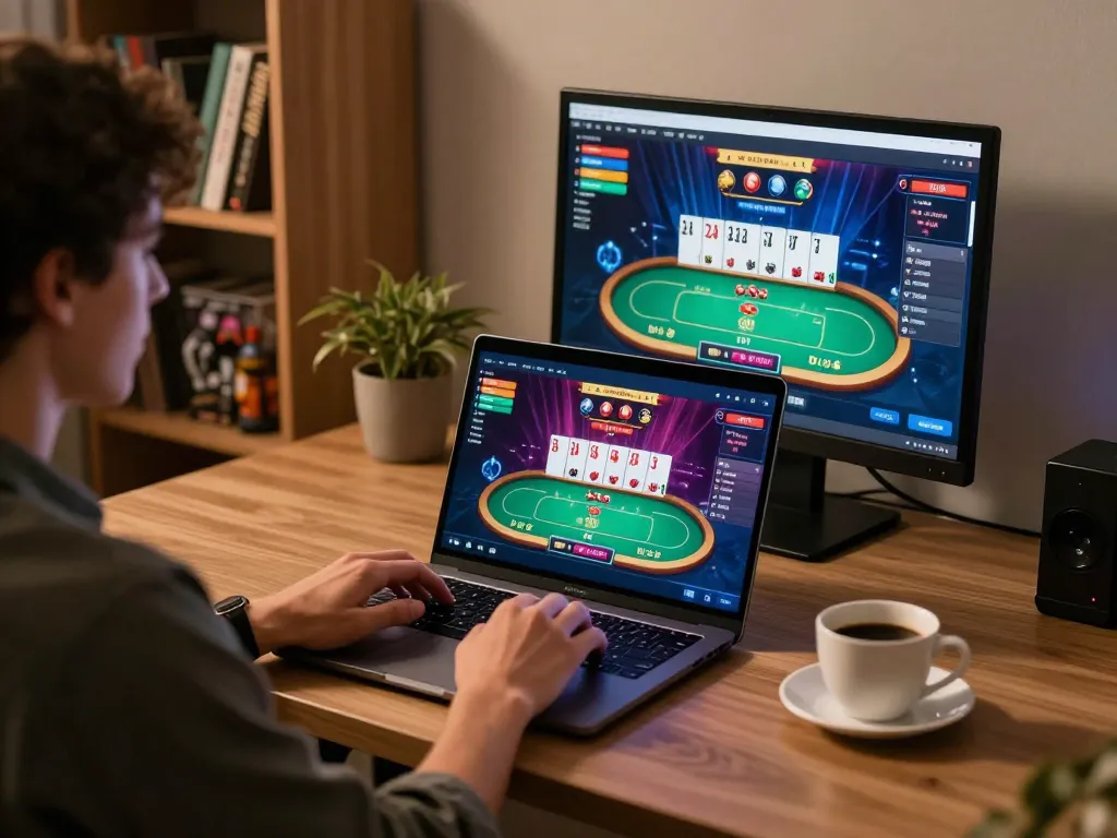 Engaging in an fb88 poker game online, showcasing a stylish home gaming environment.