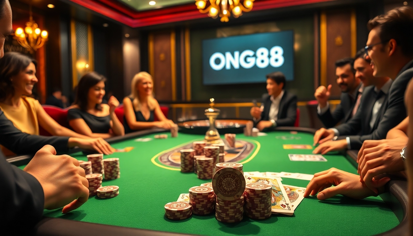 KONG88 poker chips stacked high during a thrilling casino game with professional players.