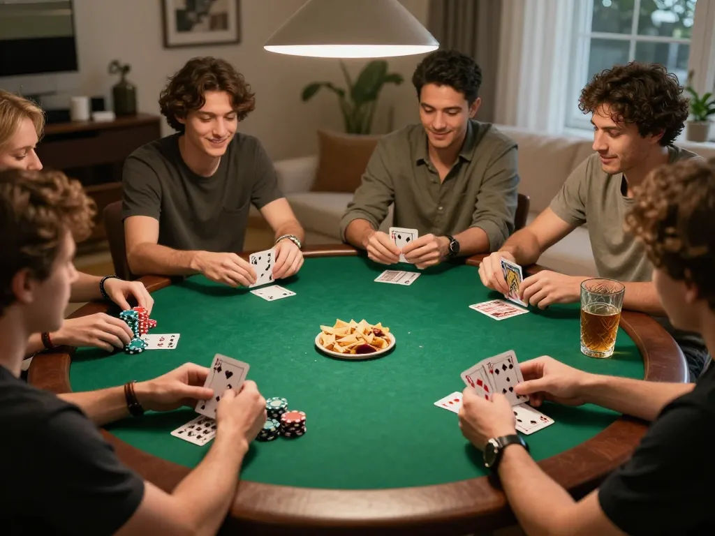 Friends enjoying a competitive game of poker at home, showcasing rr88bet strategy in a lively atmosphere.